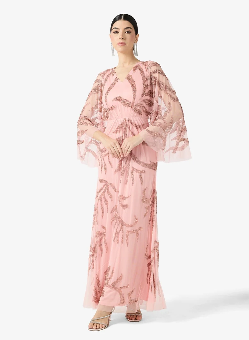 Amelia Rose Crew Neck Flared Sleeve Asymmetric Midi Dress